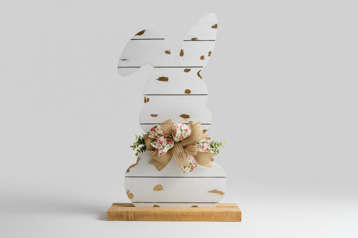 Wooden bunny decoration with a floral bow on a wooden surface.